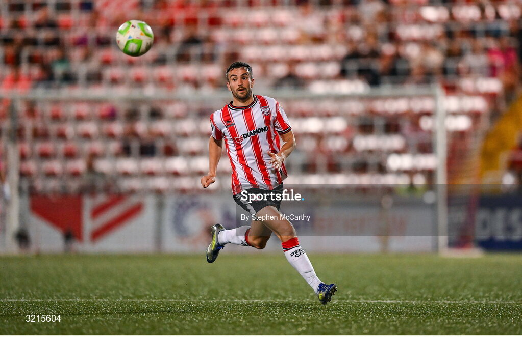 16 August 2025; Michael Duffy of Derry City during the Sports Direct Men’s FAI Cup third round match between Derry City and Drogheda United at The Ryan McBride Brandywell Stadium in Derry. Photo by Stephen McCarthy/Sportsfile