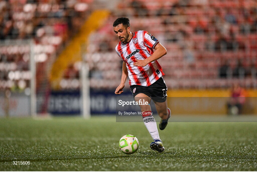 16 August 2025; Michael Duffy of Derry City during the Sports Direct Men’s FAI Cup third round match between Derry City and Drogheda United at The Ryan McBride Brandywell Stadium in Derry. Photo by Stephen McCarthy/Sportsfile