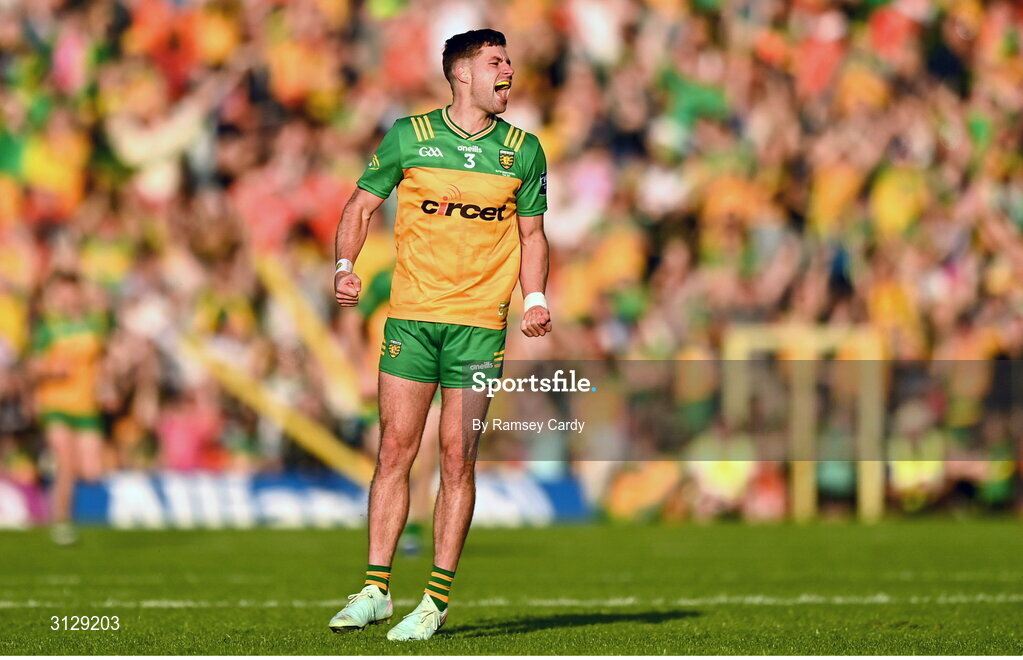 10 May 2025; Brendan McCole of Donegal celebrates after the Ulster GAA Football Senior Championship final match between Armagh and Donegal at St Tiernach's Park in Clones, Monaghan. Photo by Ramsey Cardy/Sportsfile