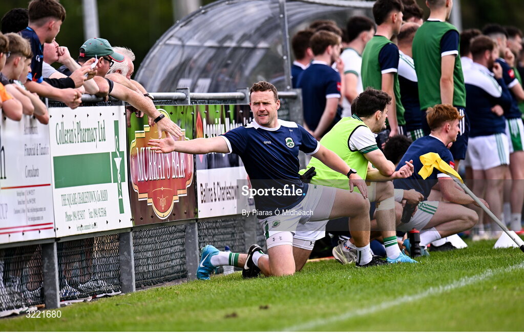 24 August 2025; Andy Moran of Ballaghaderreen shakes hands with a supporter as he stretches on the sideline during the Mayo County Senior Club Football Championship Round 2 match between Charlestown Sarsfields and Ballaghaderreen at Fr O'Hara Park in Charlestown, Mayo. Photo by Piaras Ó Mídheach/Sportsfile