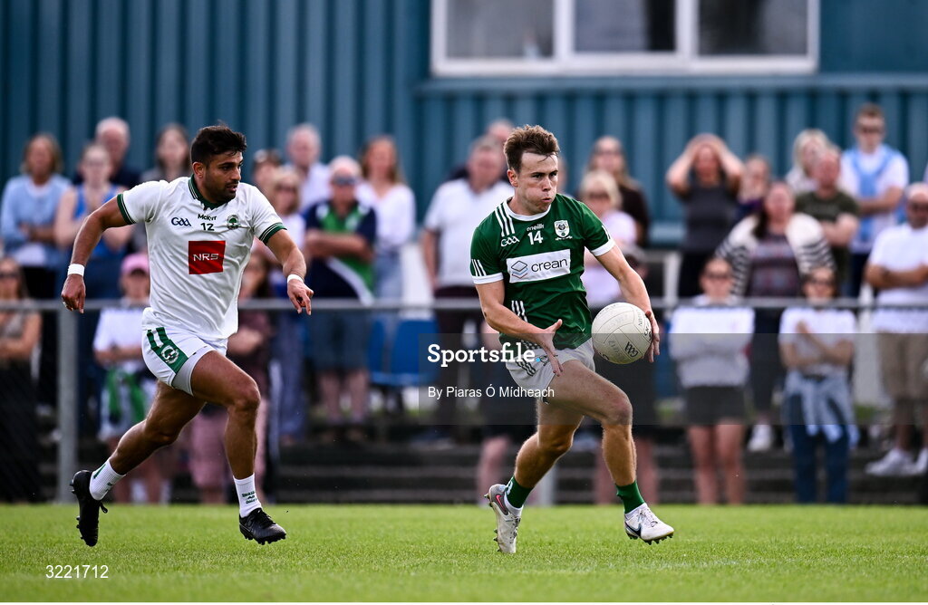 24 August 2025; Paul Towey of Charlestown Sarsfields in action against Shairoze Akram of Ballaghaderreen during the Mayo County Senior Club Football Championship Round 2 match between Charlestown Sarsfields and Ballaghaderreen at Fr O'Hara Park in Charlestown, Mayo. Photo by Piaras Ó Mídheach/Sportsfile