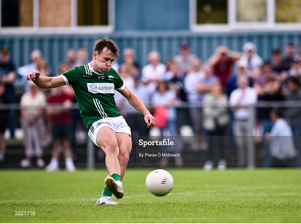 24 August 2025; Paul Towey of Charlestown Sarsfields takes a penalty during the Mayo County Senior Club Football Championship Round 2 match between Charlestown Sarsfields and Ballaghaderreen at Fr O'Hara Park in Charlestown, Mayo. Photo by Piaras Ó Mídheach/Sportsfile