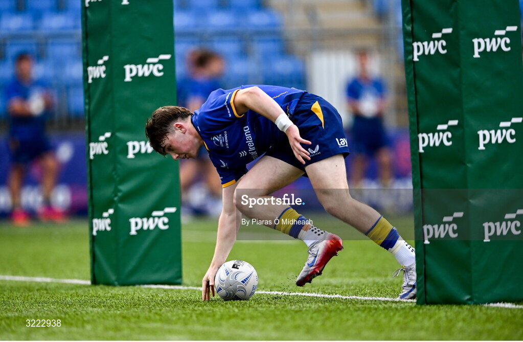 27 August 2025; Johnny Woods of Leinster scores his side's second try during the PwC U-18 Boys Schools Interprovincial Series match between Leinster and Ulster at Energia Park in Dublin. Photo by Piaras Ó Mídheach/Sportsfile