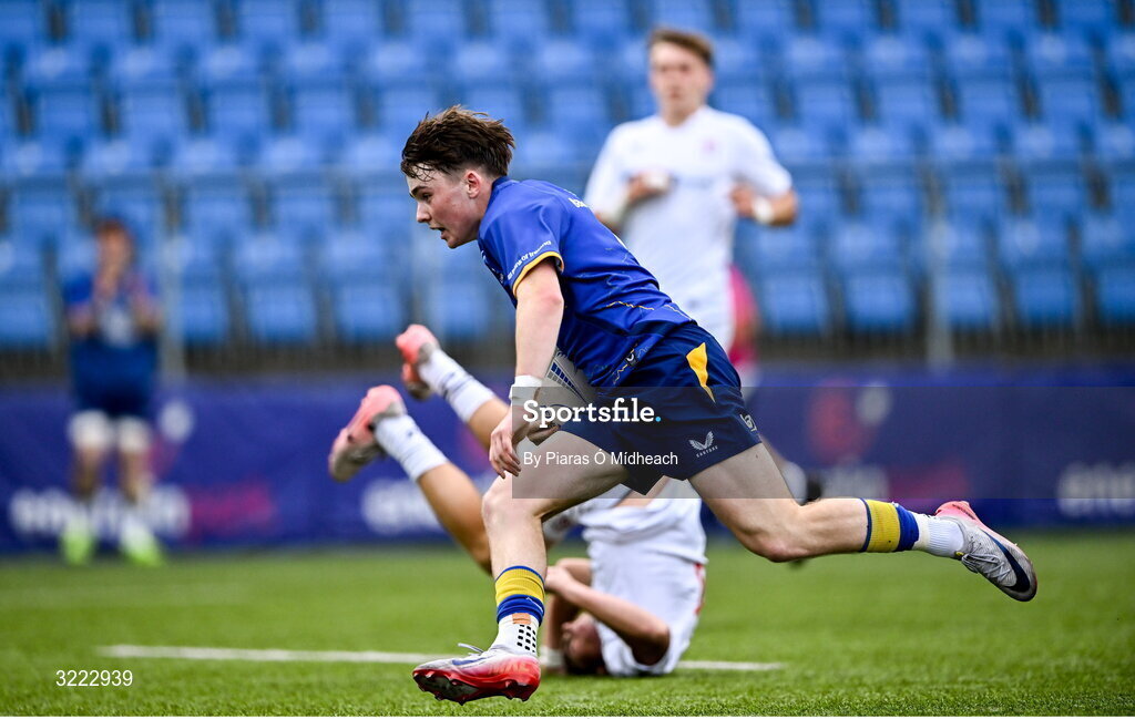 27 August 2025; Johnny Woods of Leinster on his way to scoring his side's second try during the PwC U-18 Boys Schools Interprovincial Series match between Leinster and Ulster at Energia Park in Dublin. Photo by Piaras Ó Mídheach/Sportsfile