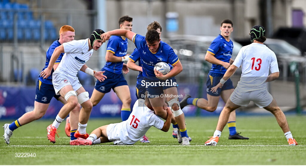 27 August 2025; David Kenny of Leinster is tackled by James McMillan of Ulster during the PwC U-18 Boys Schools Interprovincial Series match between Leinster and Ulster at Energia Park in Dublin. Photo by Piaras Ó Mídheach/Sportsfile