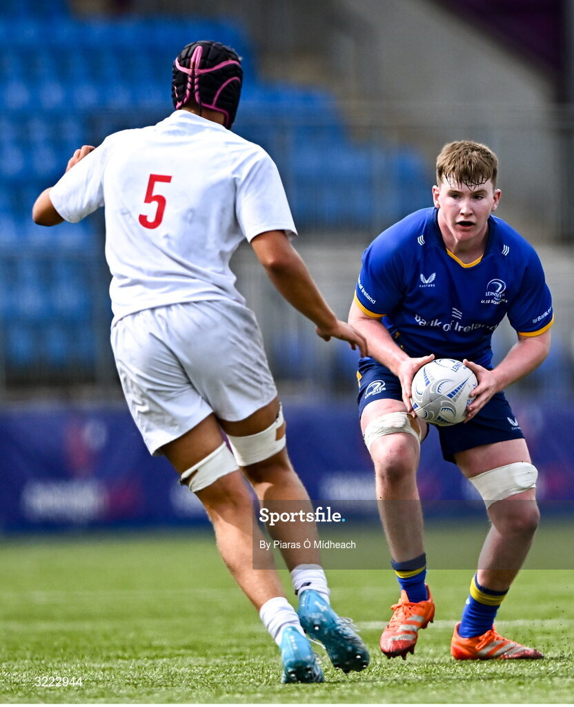 27 August 2025; Hugh Keaney of Leinster in action against Jayden Irwin of Ulster during the PwC U-18 Boys Schools Interprovincial Series match between Leinster and Ulster at Energia Park in Dublin. Photo by Piaras Ó Mídheach/Sportsfile