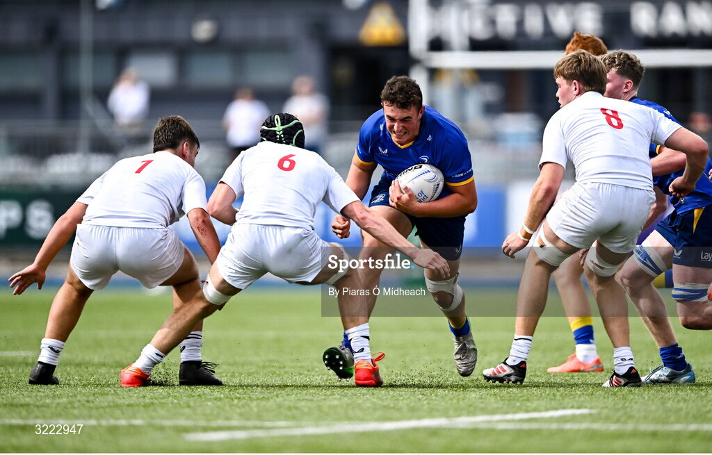 27 August 2025; David Kenny  of Leinster in action against Lewis Robinson, 1, and James Reid of Ulster during the PwC U-18 Boys Schools Interprovincial Series match between Leinster and Ulster at Energia Park in Dublin. Photo by Piaras Ó Mídheach/Sportsfile
