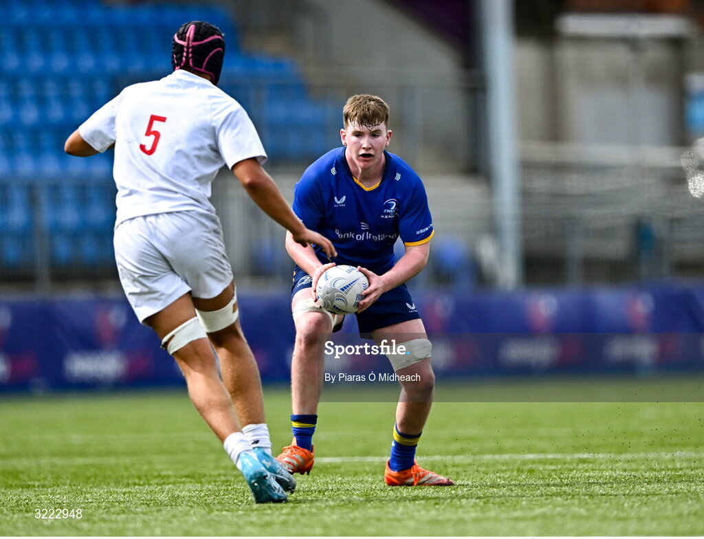 27 August 2025; Hugh Keaney of Leinster in action against Jayden Irwin of Ulster during the PwC U-18 Boys Schools Interprovincial Series match between Leinster and Ulster at Energia Park in Dublin. Photo by Piaras Ó Mídheach/Sportsfile