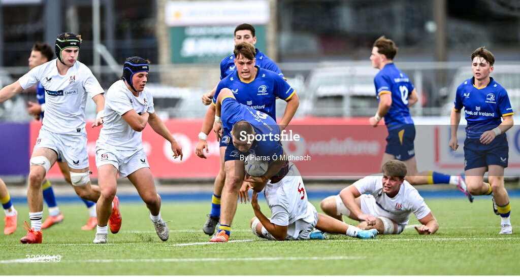 27 August 2025; Herbie Boyle of Leinster in action against Jayden Irwin of Ulster, 5, during the PwC U-18 Boys Schools Interprovincial Series match between Leinster and Ulster at Energia Park in Dublin. Photo by Piaras Ó Mídheach/Sportsfile