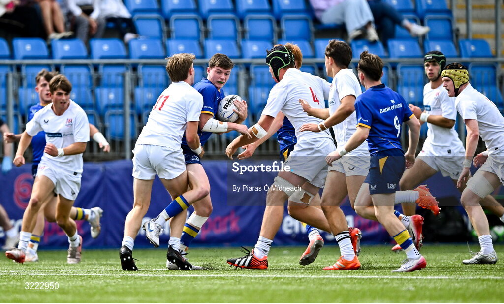 27 August 2025; Tommy Smyth of Leinster in action against Dylan Gray of Ulster during the PwC U-18 Boys Schools Interprovincial Series match between Leinster and Ulster at Energia Park in Dublin. Photo by Piaras Ó Mídheach/Sportsfile