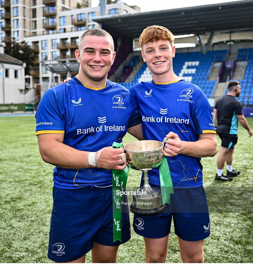 27 August 2025; Leinster players Herbie Boyle, left, and Michael Kenny with the cup after victory in the PwC U-18 Boys Schools Interprovincial Series match between Leinster and Ulster at Energia Park in Dublin. Photo by Piaras Ó Mídheach/Sportsfile
