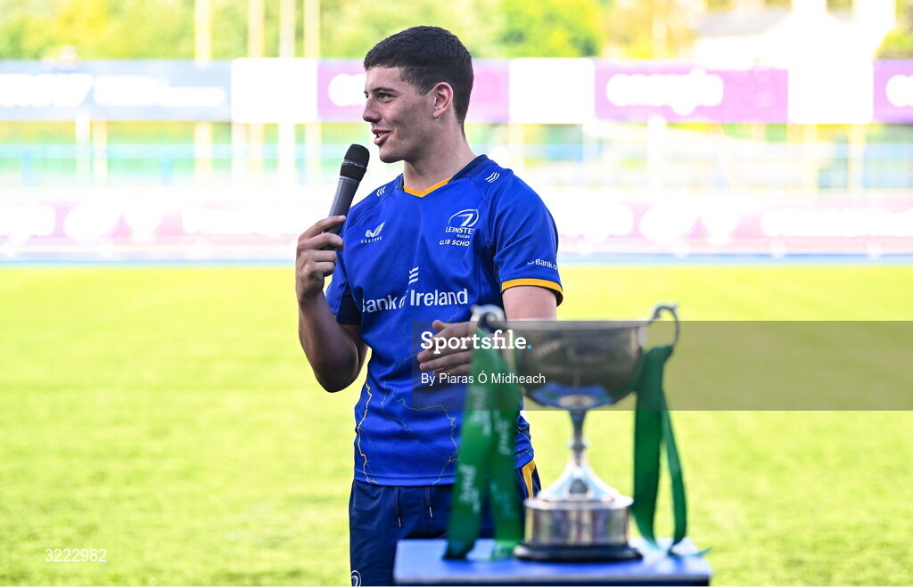 27 August 2025; Leinster captain Michael Smyth makes a speech after his side's victory in the PwC U-18 Boys Schools Interprovincial Series match between Leinster and Ulster at Energia Park in Dublin. Photo by Piaras Ó Mídheach/Sportsfile