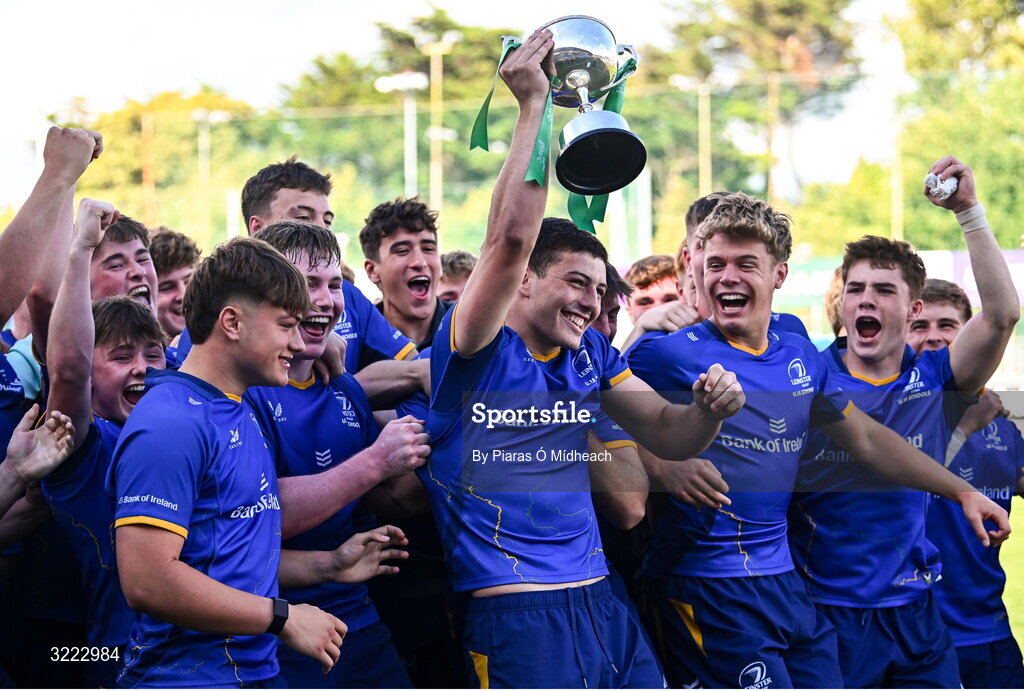 27 August 2025; Leinster captain Michael Smyth lifts the cup after his side's victory in the PwC U-18 Boys Schools Interprovincial Series match between Leinster and Ulster at Energia Park in Dublin. Photo by Piaras Ó Mídheach/Sportsfile