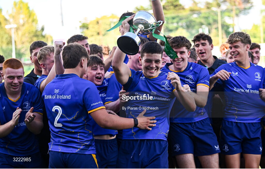 27 August 2025; Leinster captain Michael Smyth lifts the cup after his side's victory in the PwC U-18 Boys Schools Interprovincial Series match between Leinster and Ulster at Energia Park in Dublin. Photo by Piaras Ó Mídheach/Sportsfile
