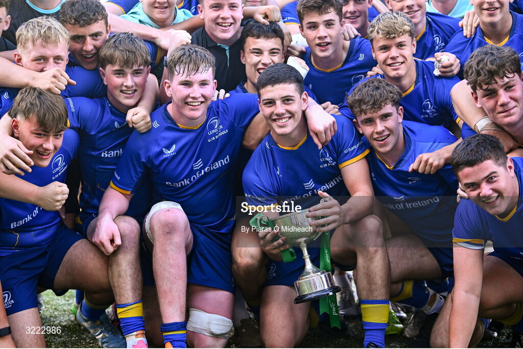 27 August 2025; Leinster captain Michael Smyth with the cup after his side's victory in the PwC U-18 Boys Schools Interprovincial Series match between Leinster and Ulster at Energia Park in Dublin. Photo by Piaras Ó Mídheach/Sportsfile