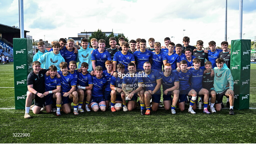 27 August 2025; Leinster celebrate after their victory in the PwC U-18 Boys Schools Interprovincial Series match between Leinster and Ulster at Energia Park in Dublin. Photo by Piaras Ó Mídheach/Sportsfile