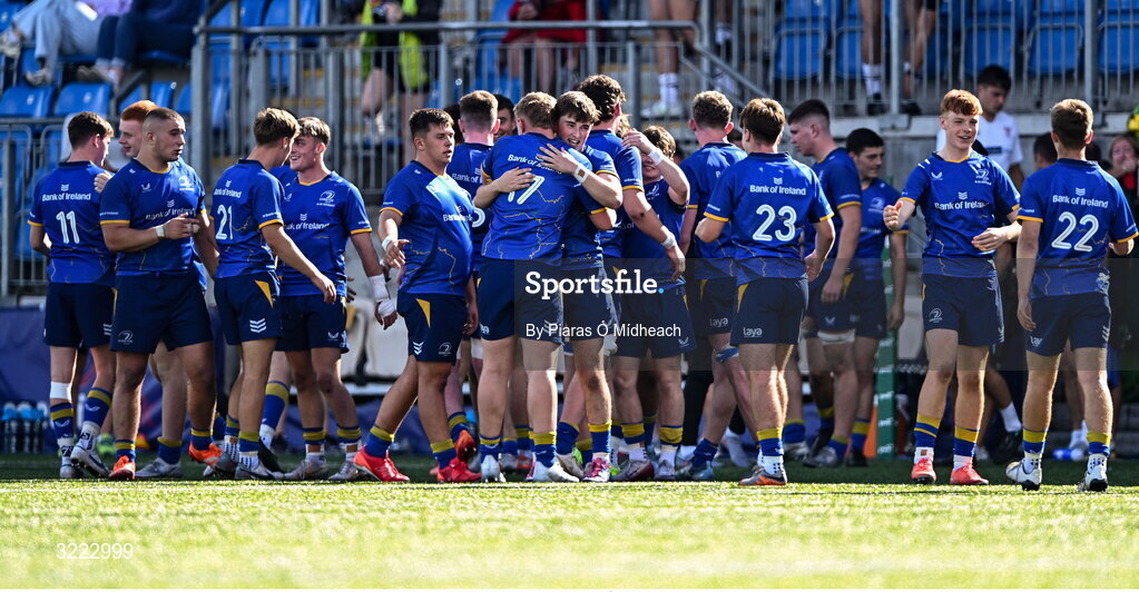 27 August 2025; Leinster players after their side's victory in the PwC U-18 Boys Schools Interprovincial Series match between Leinster and Ulster at Energia Park in Dublin. Photo by Piaras Ó Mídheach/Sportsfile