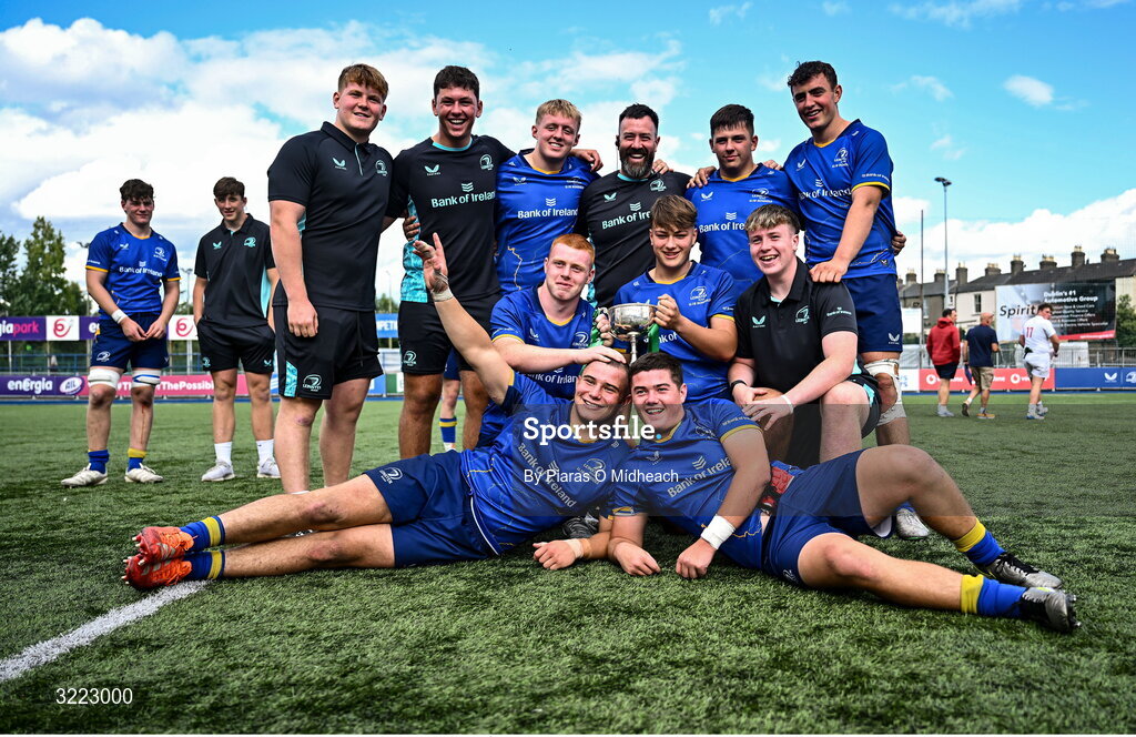 27 August 2025; Leinster players celebrate after the PwC U-18 Boys Schools Interprovincial Series match between Leinster and Ulster at Energia Park in Dublin. Photo by Piaras Ó Mídheach/Sportsfile