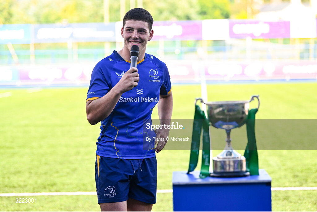 27 August 2025; Leinster captain Michael Smyth makes a speech after his side's victory in the PwC U-18 Boys Schools Interprovincial Series match between Leinster and Ulster at Energia Park in Dublin. Photo by Piaras Ó Mídheach/Sportsfile