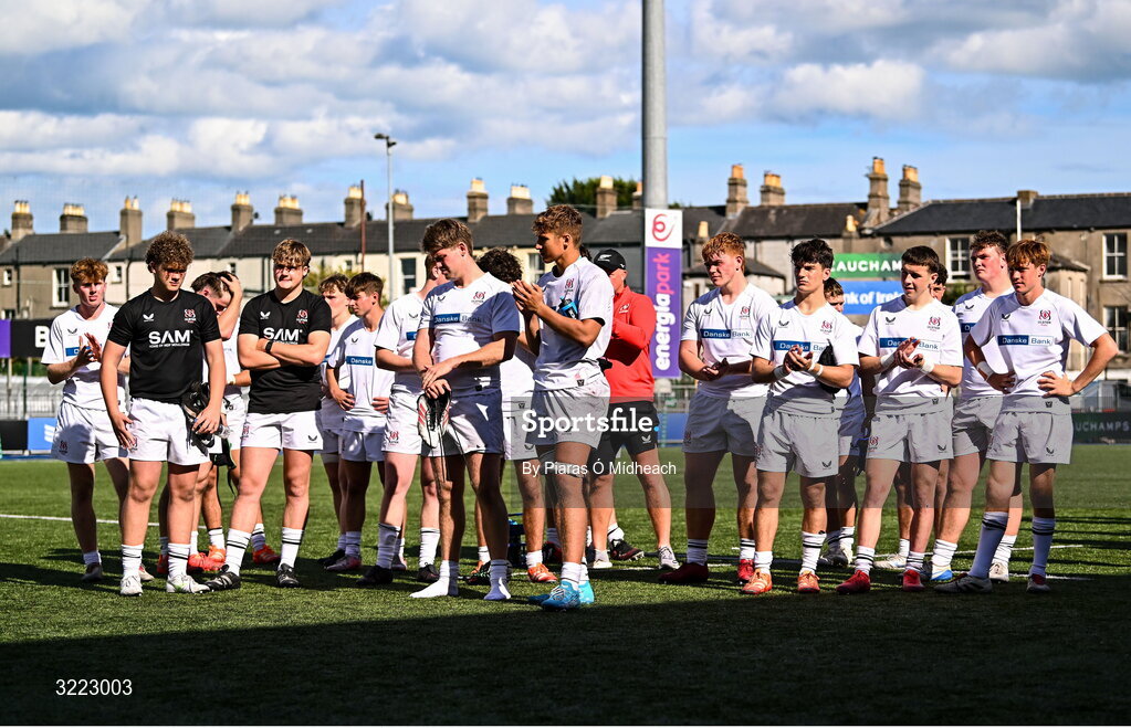27 August 2025; Ulster players after their side's defeat in the PwC U-18 Boys Schools Interprovincial Series match between Leinster and Ulster at Energia Park in Dublin. Photo by Piaras Ó Mídheach/Sportsfile