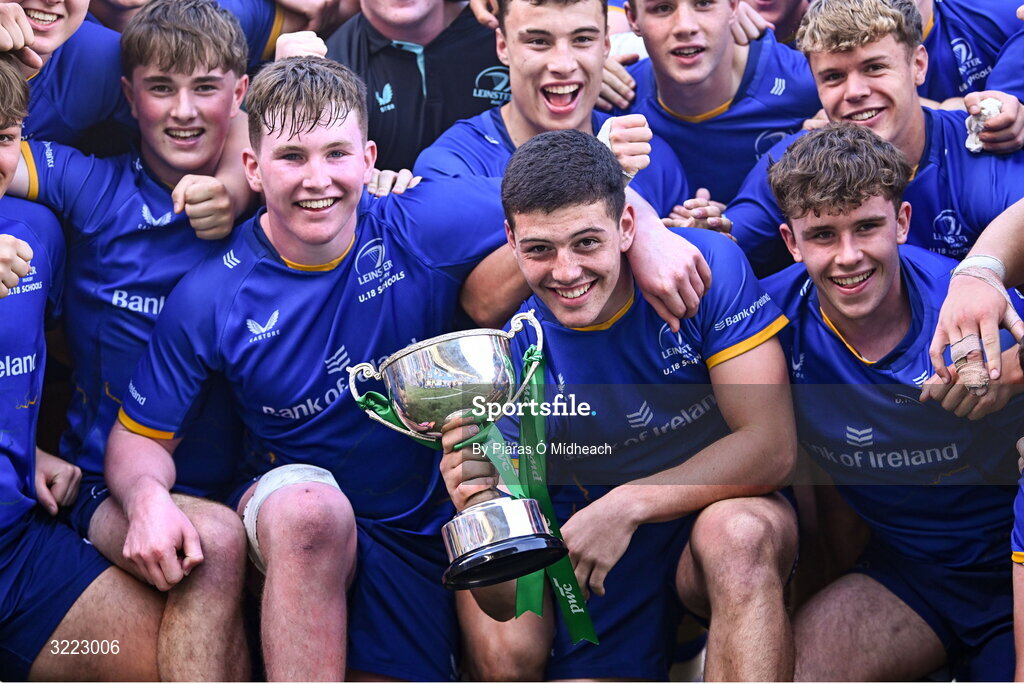 27 August 2025; Leinster captain Michael Smyth with the cup after his side's victory in the PwC U-18 Boys Schools Interprovincial Series match between Leinster and Ulster at Energia Park in Dublin. Photo by Piaras Ó Mídheach/Sportsfile