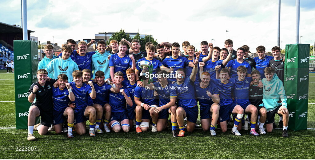 27 August 2025; Leinster celebrate after their victory in the PwC U-18 Boys Schools Interprovincial Series match between Leinster and Ulster at Energia Park in Dublin. Photo by Piaras Ó Mídheach/Sportsfile