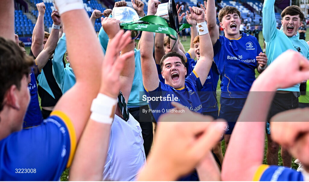 27 August 2025; Brion Donagh of Leinster celebrates after victory in the PwC U-18 Boys Schools Interprovincial Series match between Leinster and Ulster at Energia Park in Dublin. Photo by Piaras Ó Mídheach/Sportsfile