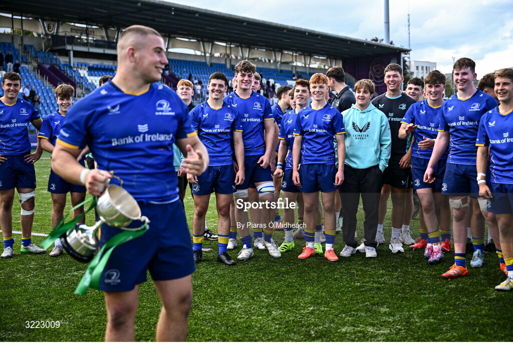 27 August 2025; Leinster players celebrate with team-mate Herbie Boyle, left, after victory in the PwC U-18 Boys Schools Interprovincial Series match between Leinster and Ulster at Energia Park in Dublin. Photo by Piaras Ó Mídheach/Sportsfile