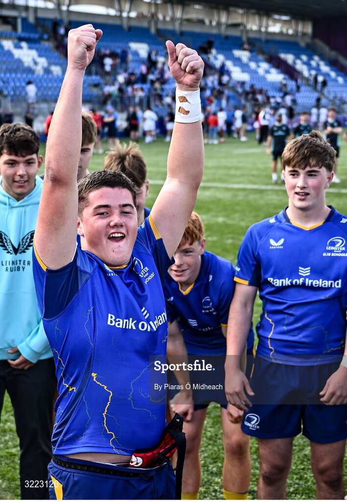27 August 2025; Brion Donagh of Leinster celebrates after victory in the PwC U-18 Boys Schools Interprovincial Series match between Leinster and Ulster at Energia Park in Dublin. Photo by Piaras Ó Mídheach/Sportsfile