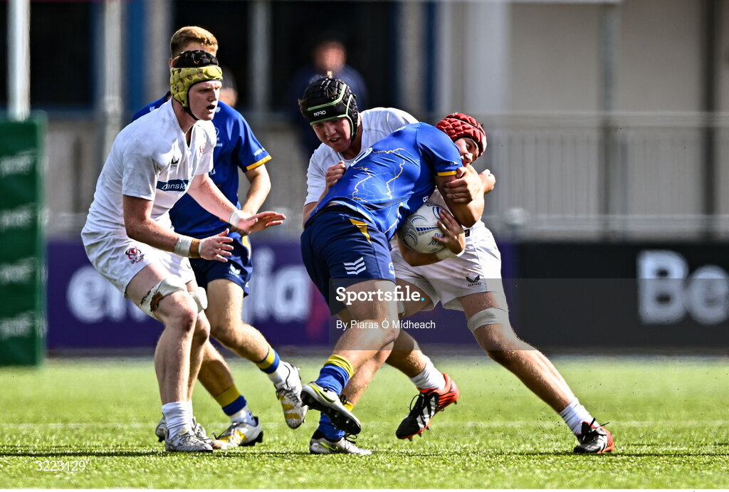 27 August 2025; Brion Donagh of Leinster in action against Archie Graham of Ulster during the PwC U-18 Boys Schools Interprovincial Series match between Leinster and Ulster at Energia Park in Dublin. Photo by Piaras Ó Mídheach/Sportsfile