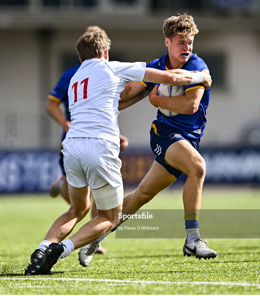 27 August 2025; James McMahon of Leinster in action against Dylan Gray of Ulster during the PwC U-18 Boys Schools Interprovincial Series match between Leinster and Ulster at Energia Park in Dublin. Photo by Piaras Ó Mídheach/Sportsfile