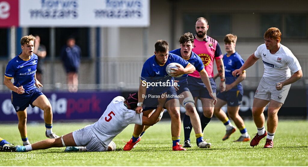 27 August 2025; Rory O’Brien of Leinster in action against Jayden Irwin of Ulster during the PwC U-18 Boys Schools Interprovincial Series match between Leinster and Ulster at Energia Park in Dublin. Photo by Piaras Ó Mídheach/Sportsfile