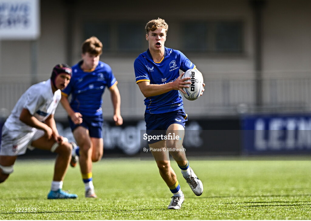 27 August 2025; James McMahon of Leinster during the PwC U-18 Boys Schools Interprovincial Series match between Leinster and Ulster at Energia Park in Dublin. Photo by Piaras Ó Mídheach/Sportsfile