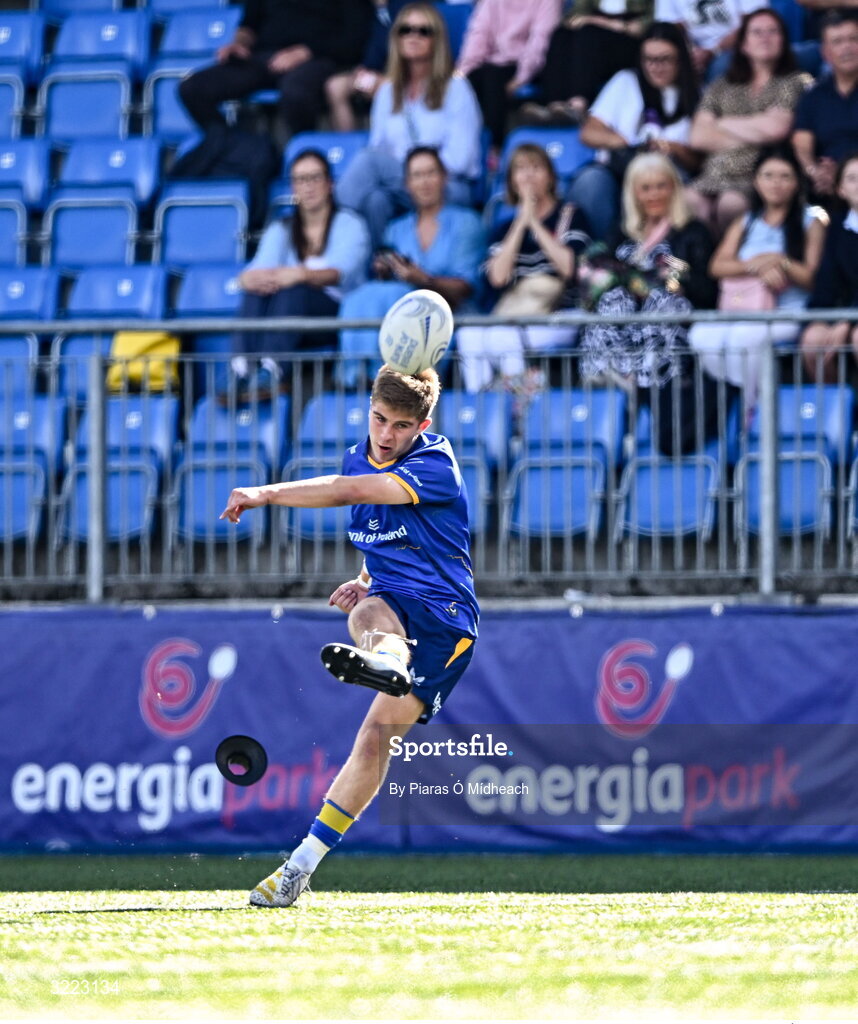 27 August 2025; Harrison McMahon of Leinster during the PwC U-18 Boys Schools Interprovincial Series match between Leinster and Ulster at Energia Park in Dublin. Photo by Piaras Ó Mídheach/Sportsfile