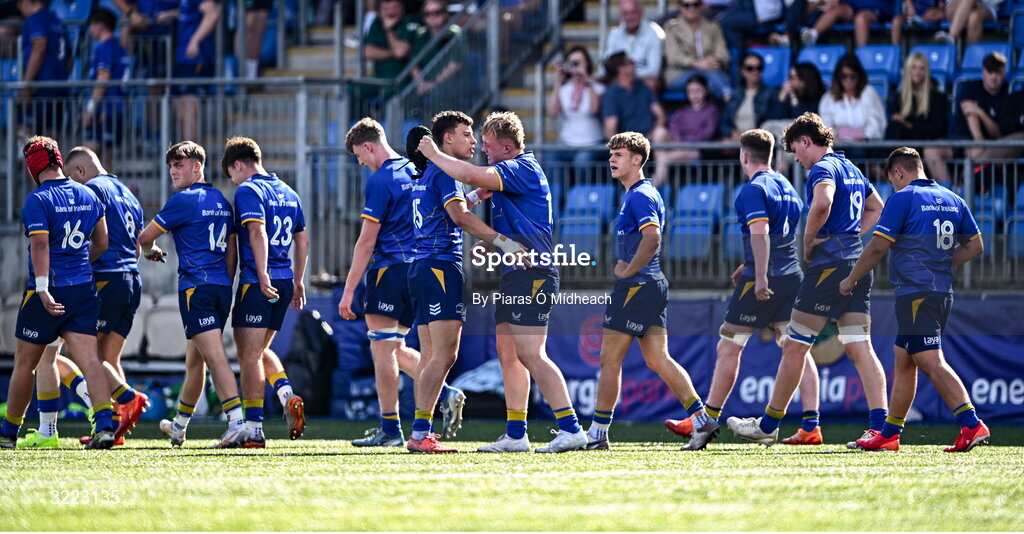 27 August 2025; Leinster players celebrate after the PwC U-18 Boys Schools Interprovincial Series match between Leinster and Ulster at Energia Park in Dublin. Photo by Piaras Ó Mídheach/Sportsfile