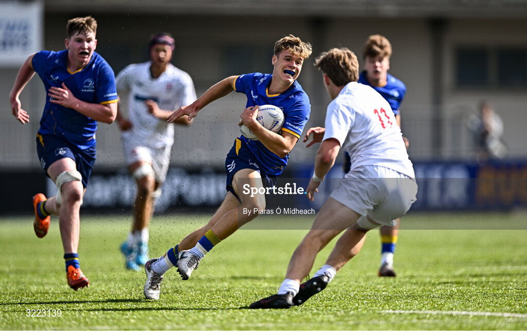 27 August 2025; James McMahon of Leinster in action against Dylan Gray of Ulster during the PwC U-18 Boys Schools Interprovincial Series match between Leinster and Ulster at Energia Park in Dublin. Photo by Piaras Ó Mídheach/Sportsfile
