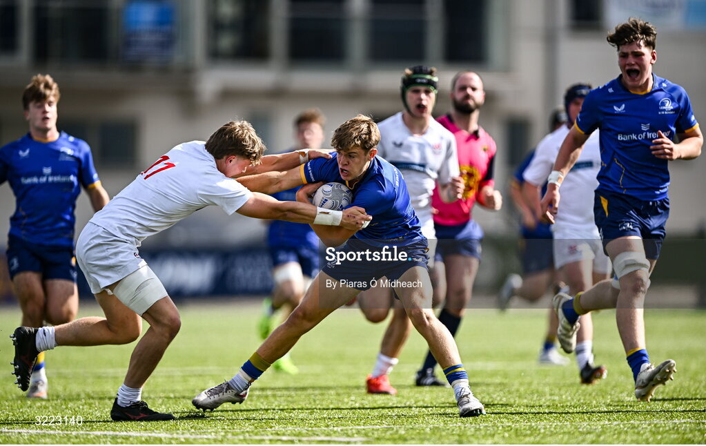 27 August 2025; James McMahon of Leinster in action against Dylan Gray of Ulster during the PwC U-18 Boys Schools Interprovincial Series match between Leinster and Ulster at Energia Park in Dublin. Photo by Piaras Ó Mídheach/Sportsfile