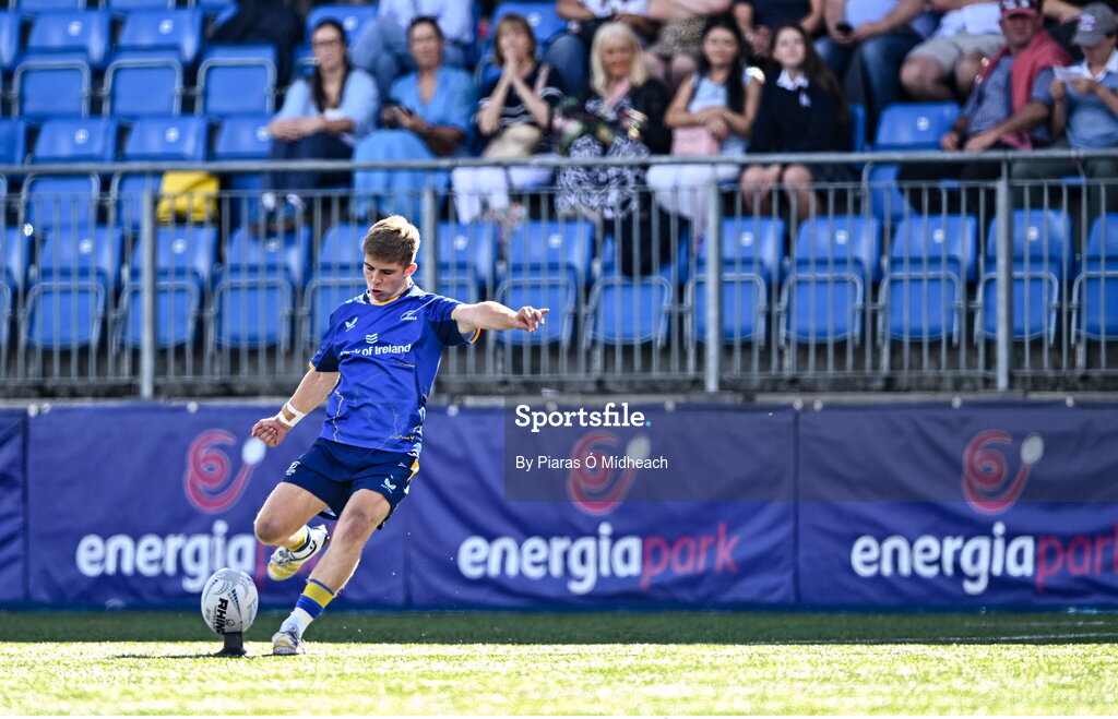 27 August 2025; Harrison McMahon of Leinster during the PwC U-18 Boys Schools Interprovincial Series match between Leinster and Ulster at Energia Park in Dublin. Photo by Piaras Ó Mídheach/Sportsfile