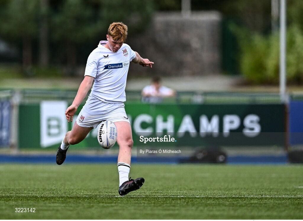 27 August 2025; Josh McCaughney of Ulster during the PwC U-18 Boys Schools Interprovincial Series match between Leinster and Ulster at Energia Park in Dublin. Photo by Piaras Ó Mídheach/Sportsfile