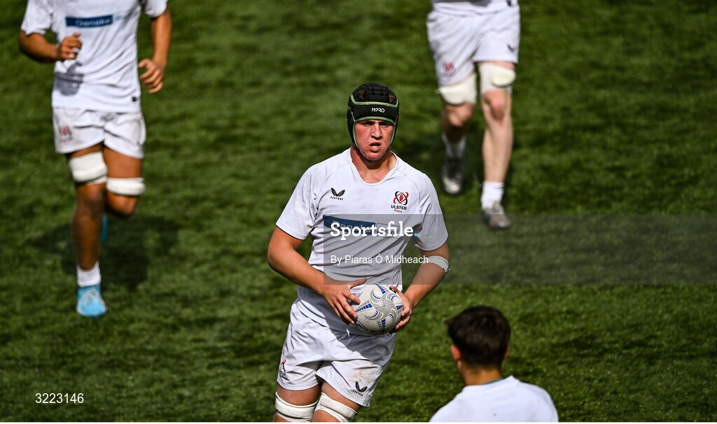 27 August 2025; Archie Graham of Ulster during the PwC U-18 Boys Schools Interprovincial Series match between Leinster and Ulster at Energia Park in Dublin. Photo by Piaras Ó Mídheach/Sportsfile