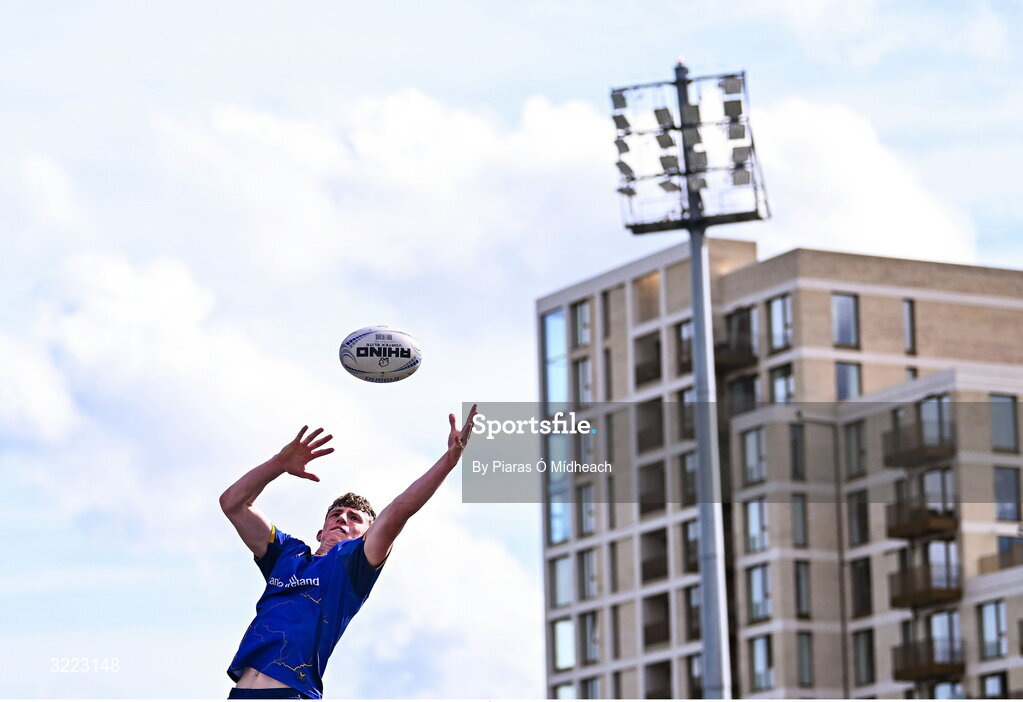 27 August 2025; Eoin Farrell of Leinster during the PwC U-18 Boys Schools Interprovincial Series match between Leinster and Ulster at Energia Park in Dublin. Photo by Piaras Ó Mídheach/Sportsfile
