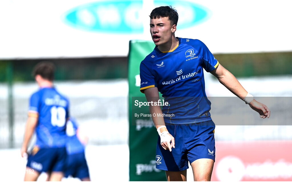 27 August 2025; Finn Brennan of Leinster during the PwC U-18 Boys Schools Interprovincial Series match between Leinster and Ulster at Energia Park in Dublin. Photo by Piaras Ó Mídheach/Sportsfile