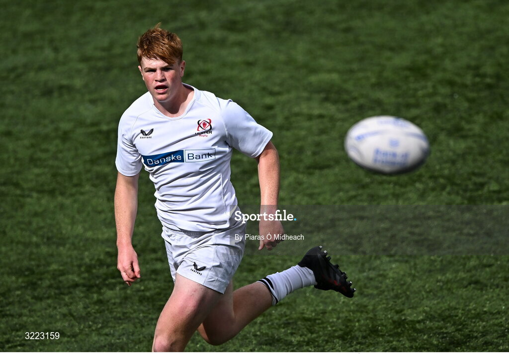 27 August 2025; Josh McCaughney of Ulster during the PwC U-18 Boys Schools Interprovincial Series match between Leinster and Ulster at Energia Park in Dublin. Photo by Piaras Ó Mídheach/Sportsfile