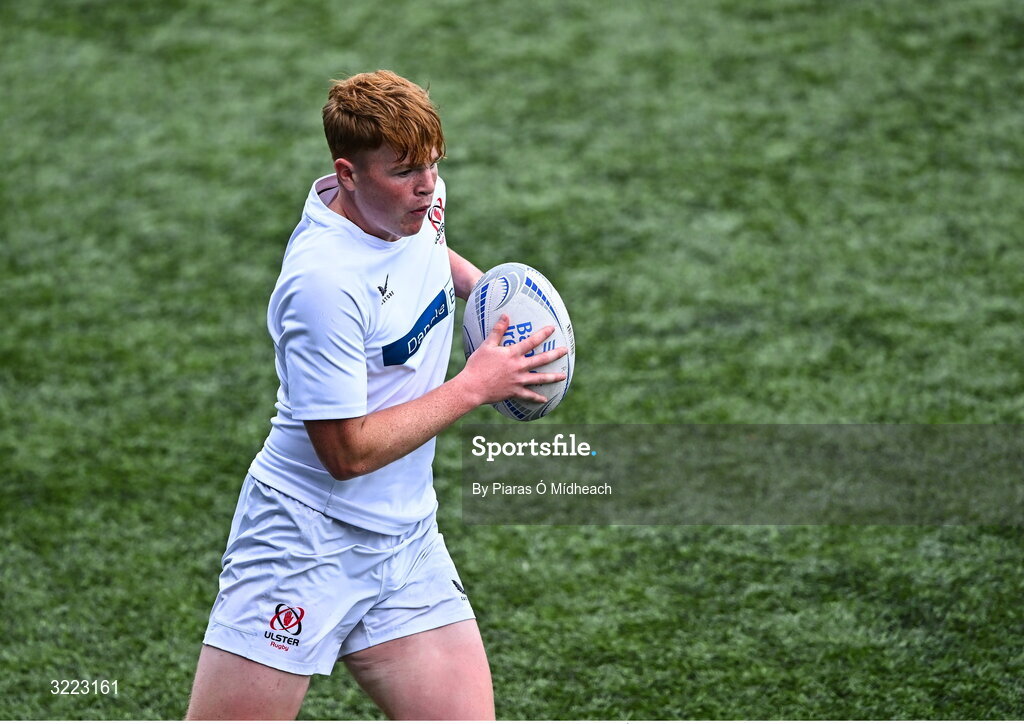 27 August 2025; Josh McCaughney of Ulster during the PwC U-18 Boys Schools Interprovincial Series match between Leinster and Ulster at Energia Park in Dublin. Photo by Piaras Ó Mídheach/Sportsfile
