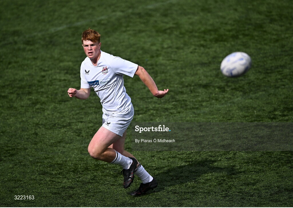 27 August 2025; Josh McCaughney of Ulster during the PwC U-18 Boys Schools Interprovincial Series match between Leinster and Ulster at Energia Park in Dublin. Photo by Piaras Ó Mídheach/Sportsfile