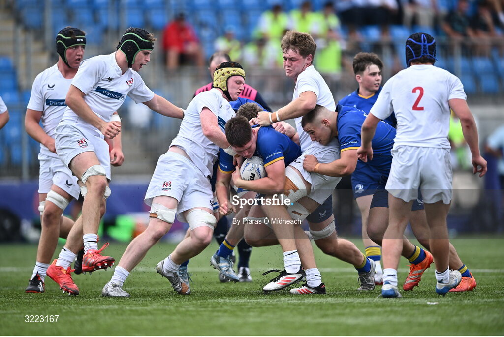 27 August 2025; Phillip Lynch of Leinster during the PwC U-18 Boys Schools Interprovincial Series match between Leinster and Ulster at Energia Park in Dublin. Photo by Piaras Ó Mídheach/Sportsfile