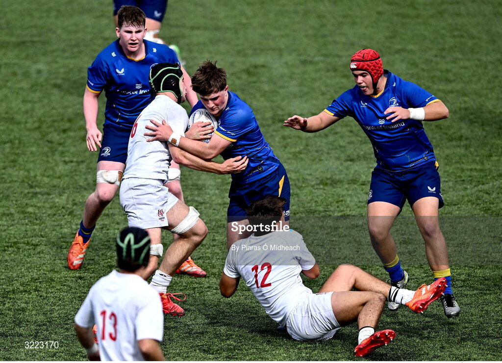 27 August 2025; Tom Martin of Leinster in action against James Reid, 6, and Connor Patto, 12, of Ulster during the PwC U-18 Boys Schools Interprovincial Series match between Leinster and Ulster at Energia Park in Dublin. Photo by Piaras Ó Mídheach/Sportsfile