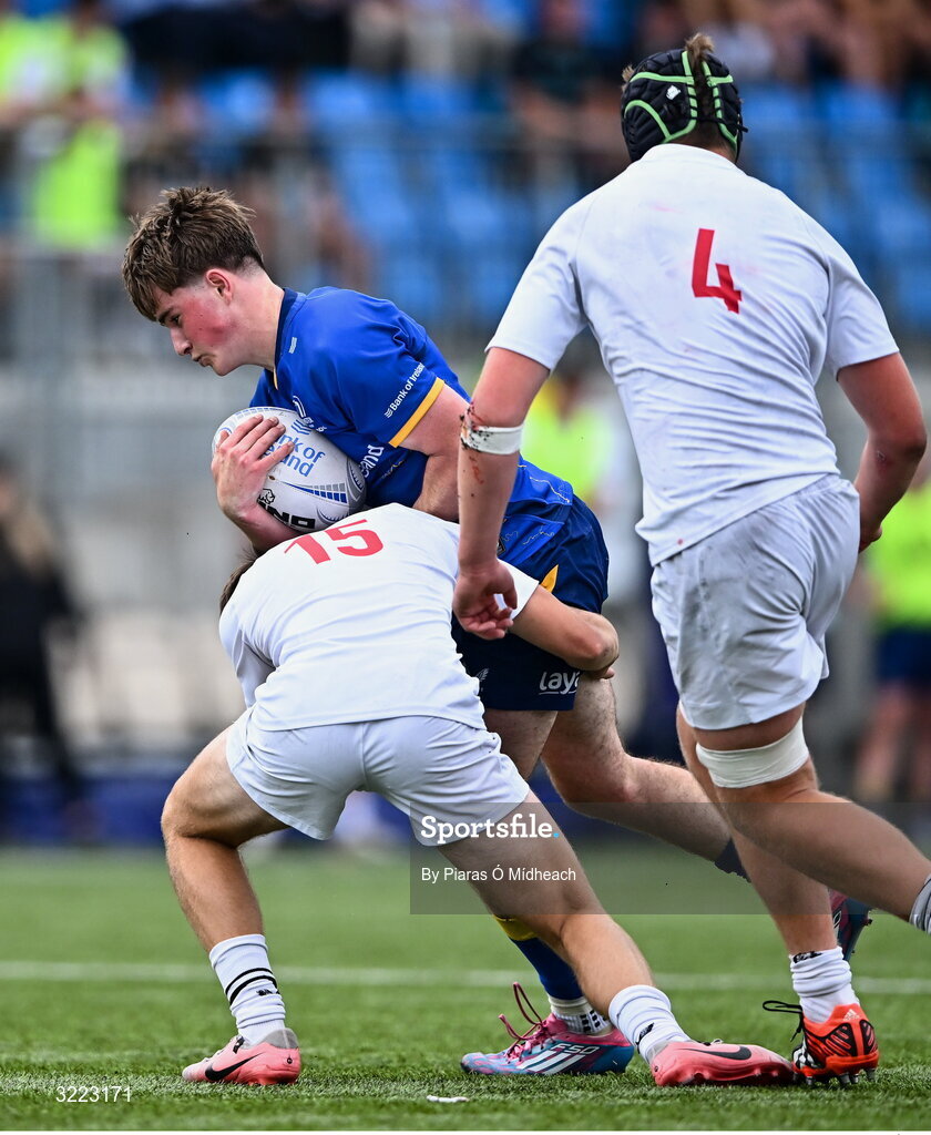 27 August 2025; Tom Martin of Leinster in action against James McMillan of Ulster during the PwC U-18 Boys Schools Interprovincial Series match between Leinster and Ulster at Energia Park in Dublin. Photo by Piaras Ó Mídheach/Sportsfile