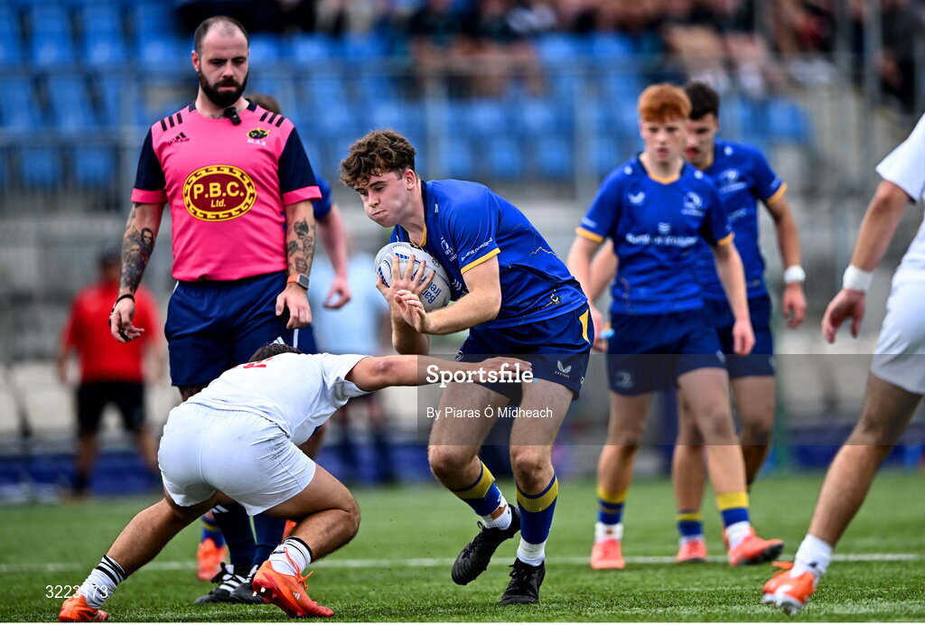 27 August 2025; Niall Fallon of Leinster in action against Connor Patton of Ulster during the PwC U-18 Boys Schools Interprovincial Series match between Leinster and Ulster at Energia Park in Dublin. Photo by Piaras Ó Mídheach/Sportsfile