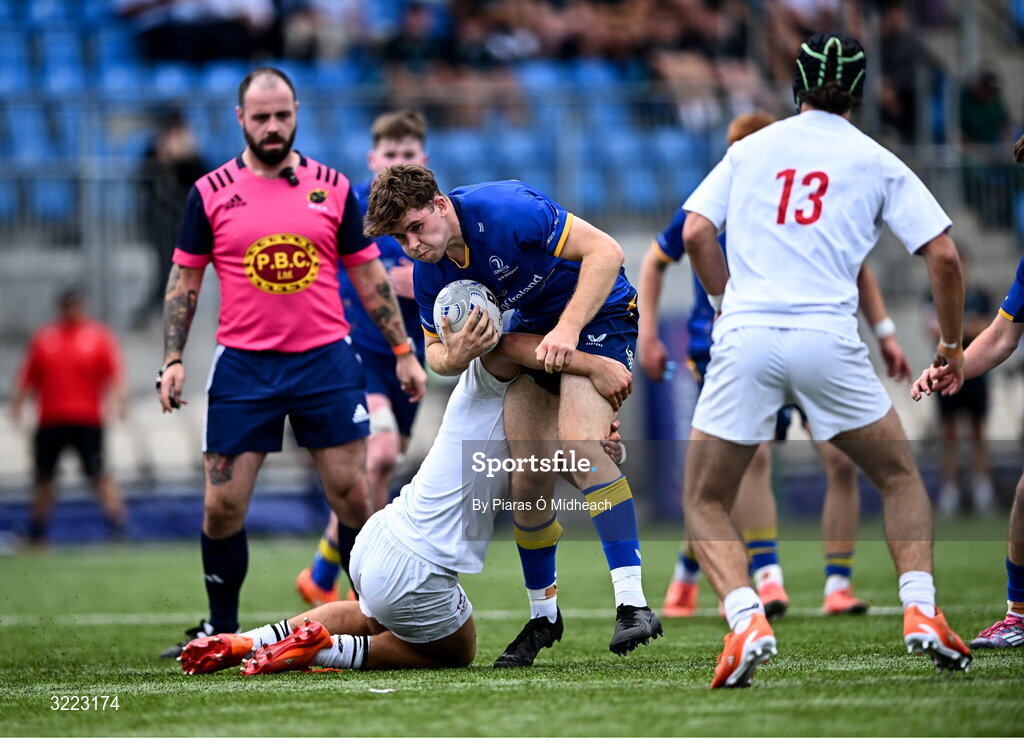 27 August 2025; Niall Fallon of Leinster in action against Connor Patton of Ulster during the PwC U-18 Boys Schools Interprovincial Series match between Leinster and Ulster at Energia Park in Dublin. Photo by Piaras Ó Mídheach/Sportsfile